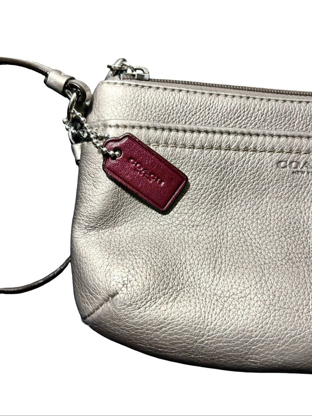 Coach Metallic Pewter Leather Wristlet with Red Tag GUC - Picture 4 of 9